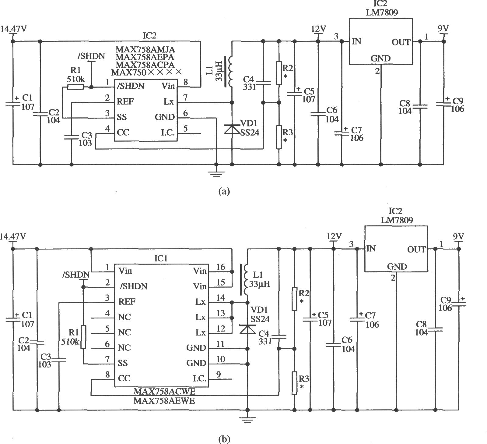 使用MAX750A／MAX758A作为线性稳压器的前级稳压的应用电路