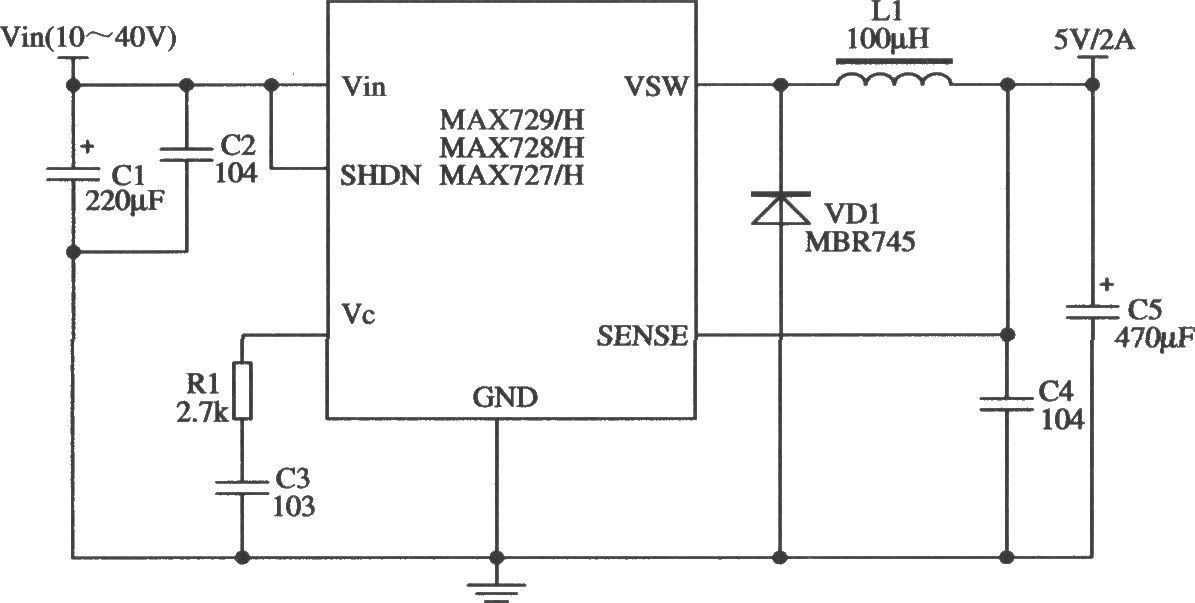 开关集成稳压器MAX727／MAX728／MAX729的典型应用电路