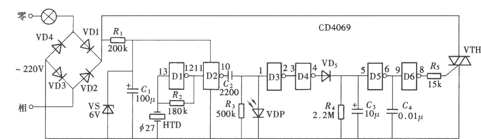 由CD4069組成的聲控延時節(jié)電開關(guān)