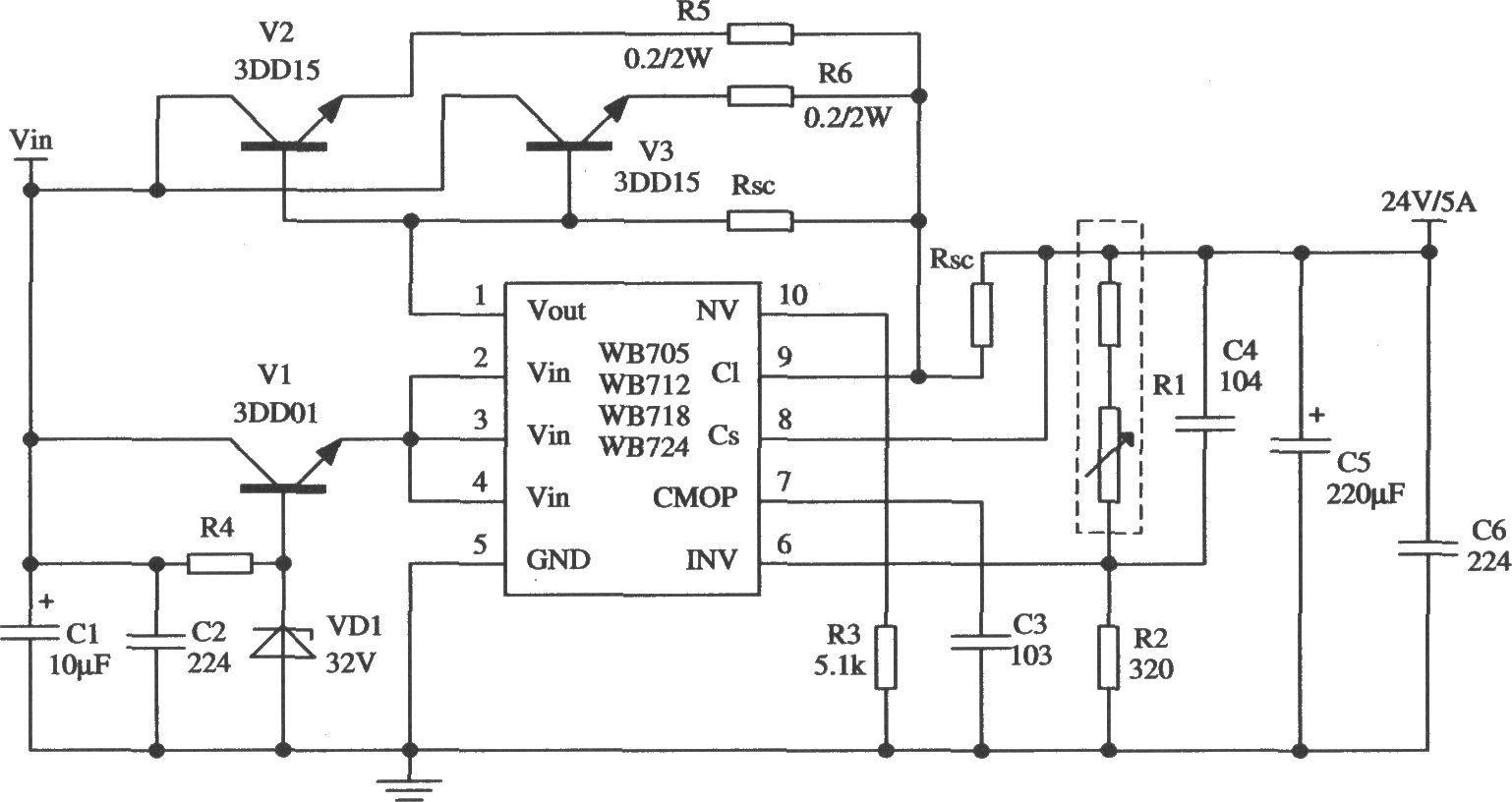 由WB705構(gòu)成的擴(kuò)大輸出電流的應(yīng)用電路