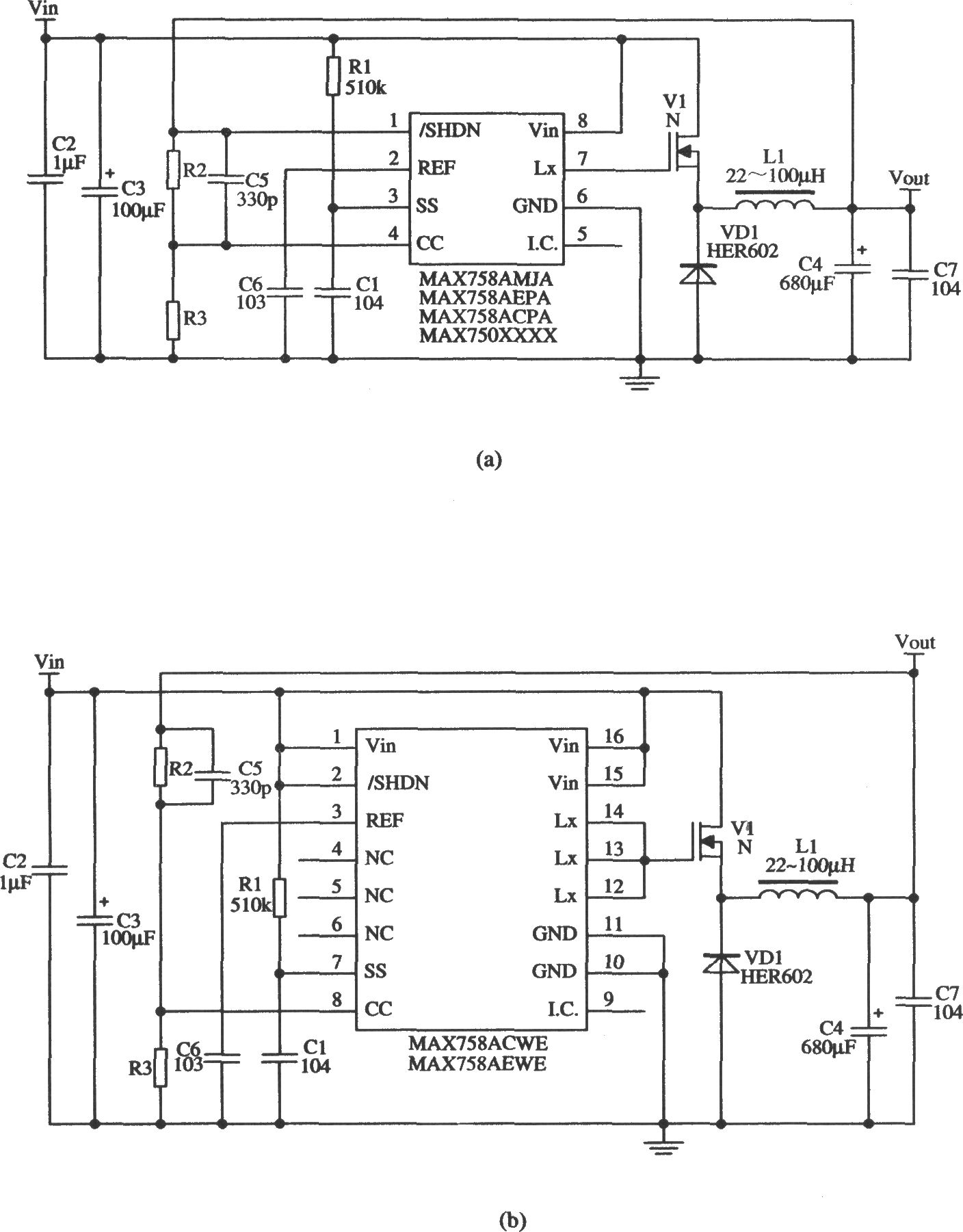 MAX758A构成的扩展输出电流的稳压器电路