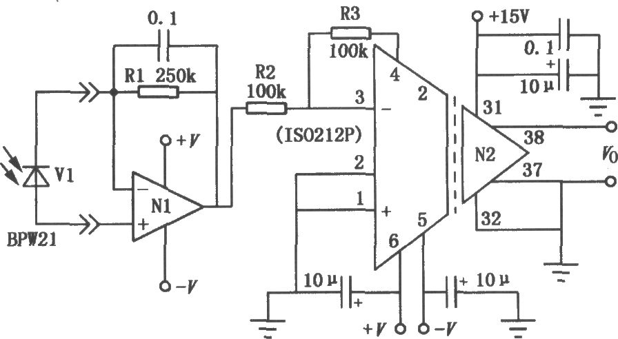 ISO212P组成的光电二极管隔离放大电路