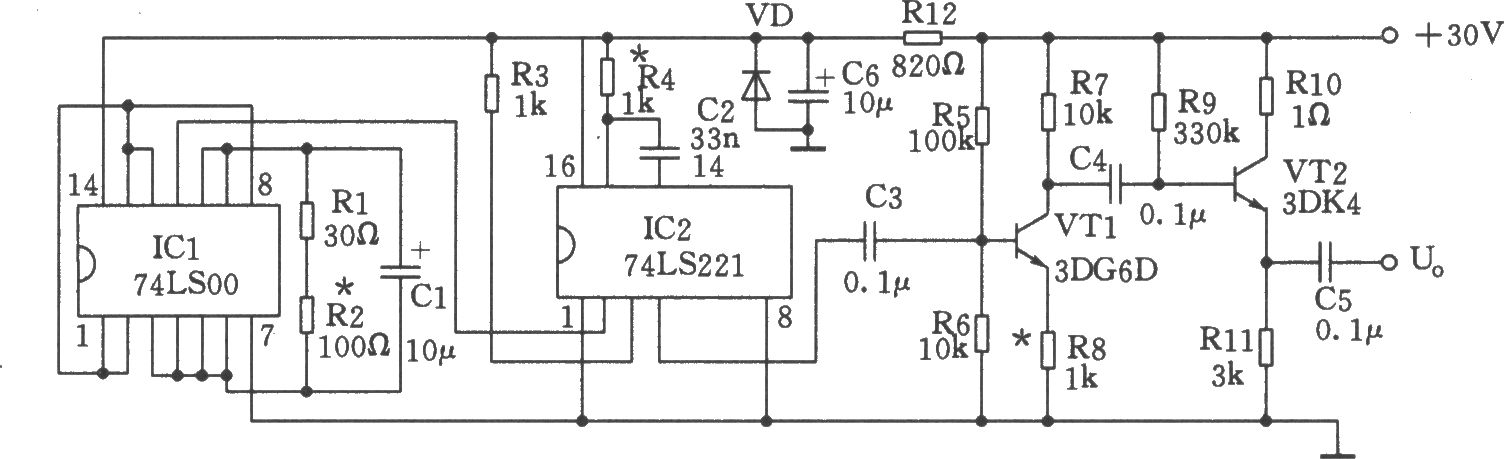 由74LS00、74LS221構成的簡易脈沖信號發生器