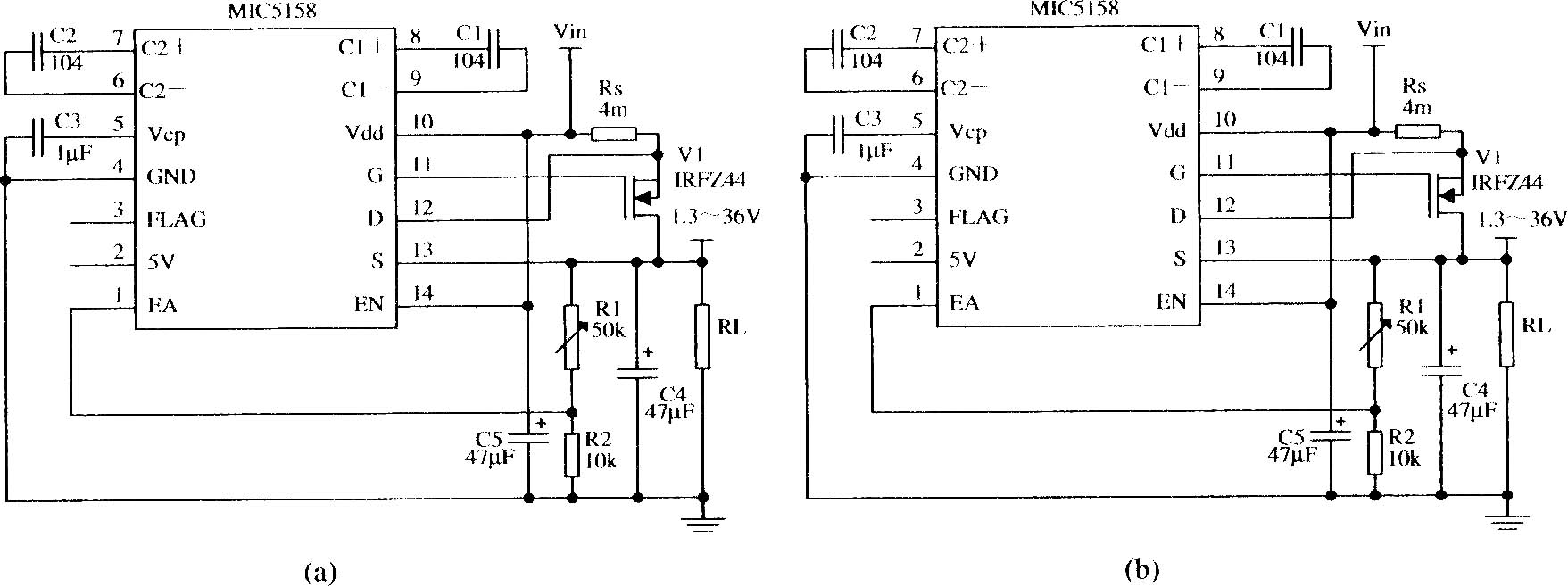 由MIC5158構成的輸出電壓可調的線性穩壓器電路