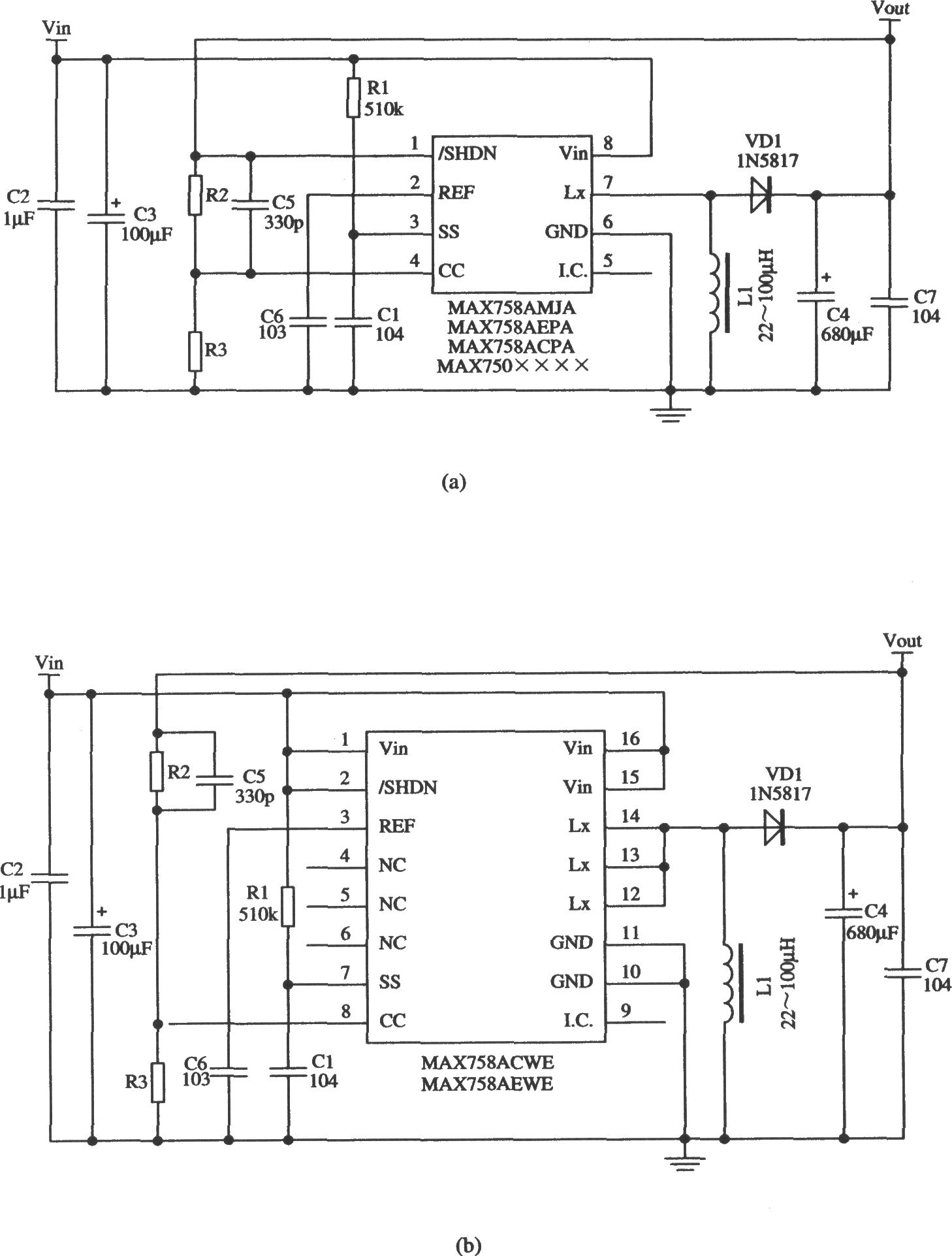 MAX758A構成的升壓型的穩壓器應用電路