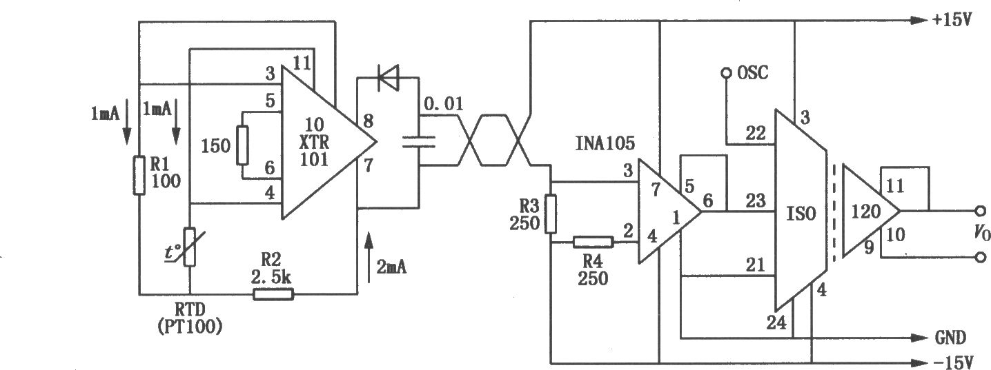 ISO120与XTR101组成的高精度远距离测温电路