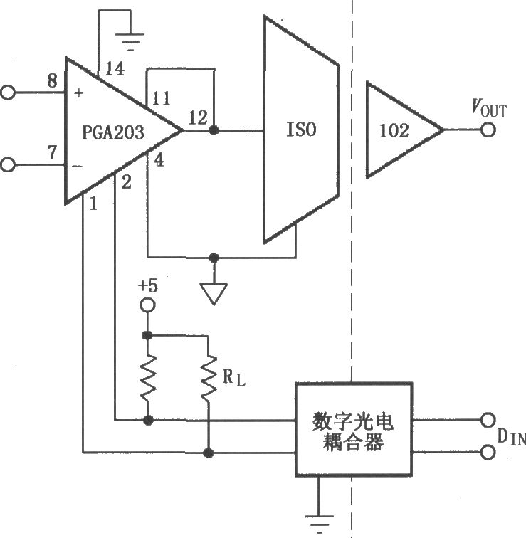 由PGA203與ISO102構(gòu)成的隔離式可編程增益儀表放大器電路