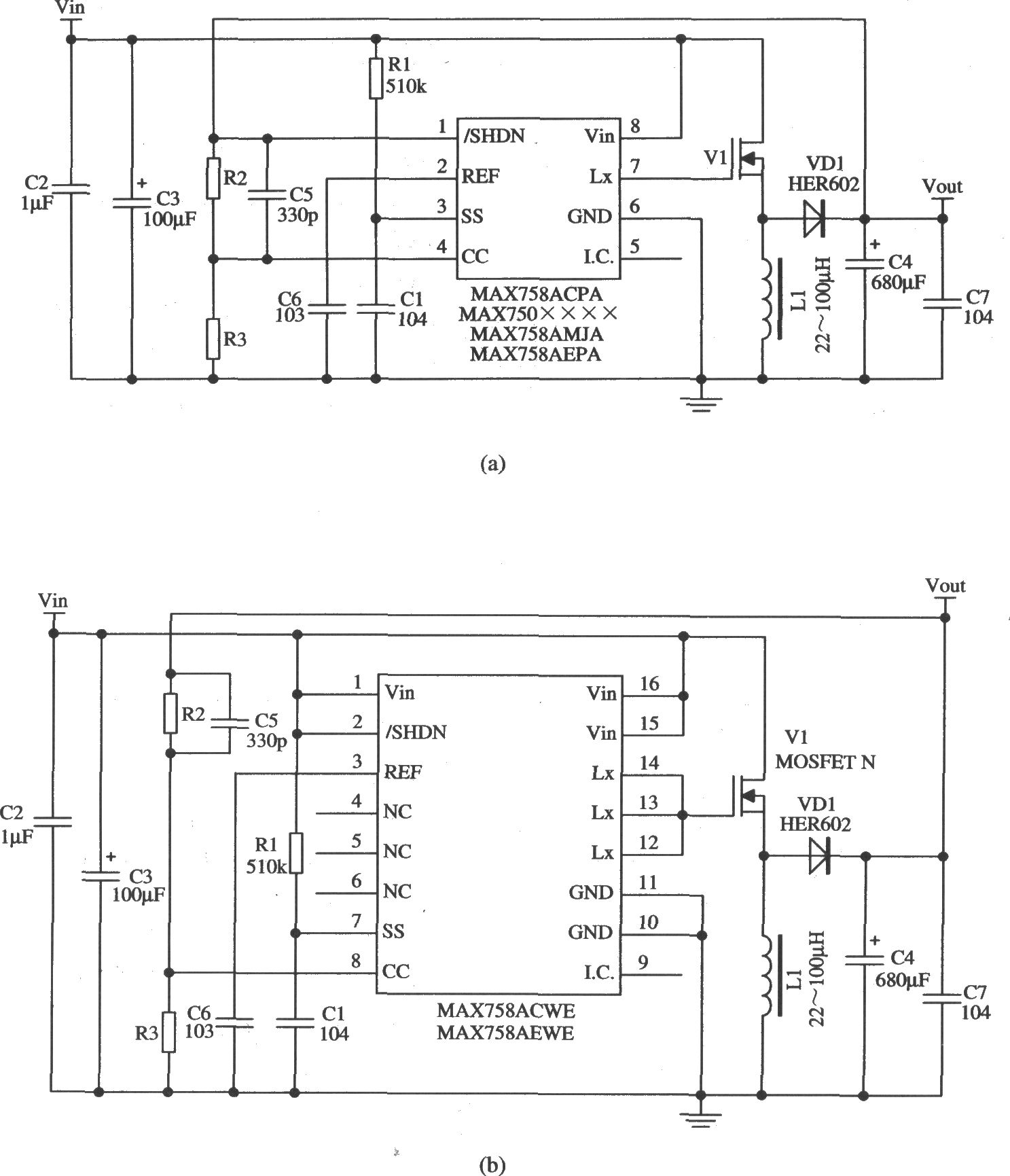 MAX758A构成的升压型扩展输出电流的稳压器应用电路