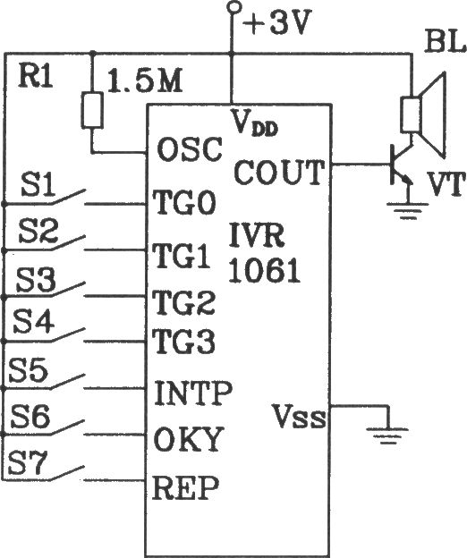 可編程語音芯片IVR1061應(yīng)用電路圖