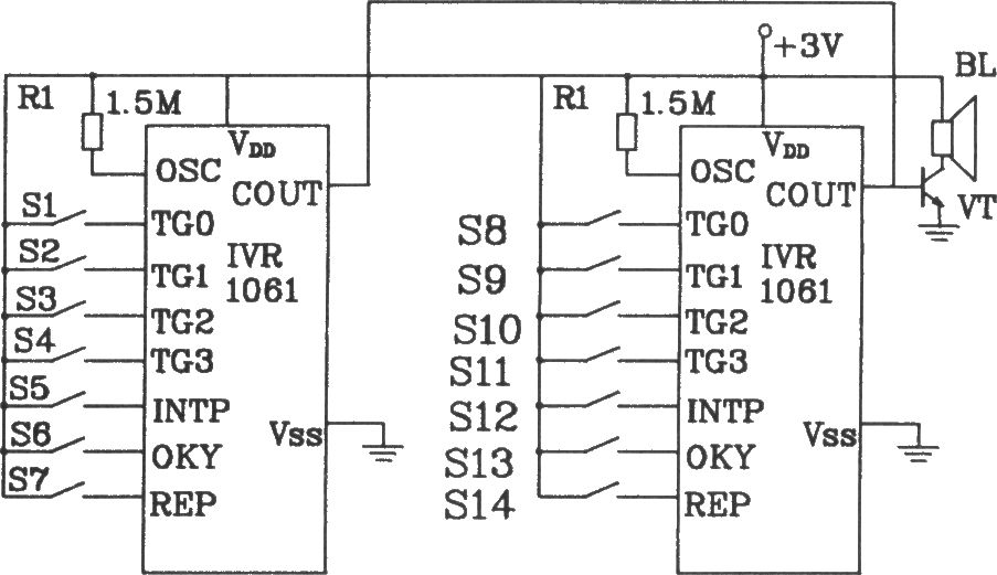 可編程語音芯片IVR1061應(yīng)用電路圖