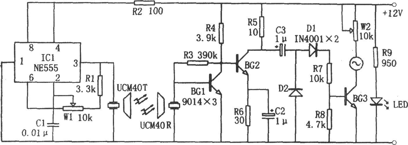 NE555構(gòu)成的超聲波液位指示電路