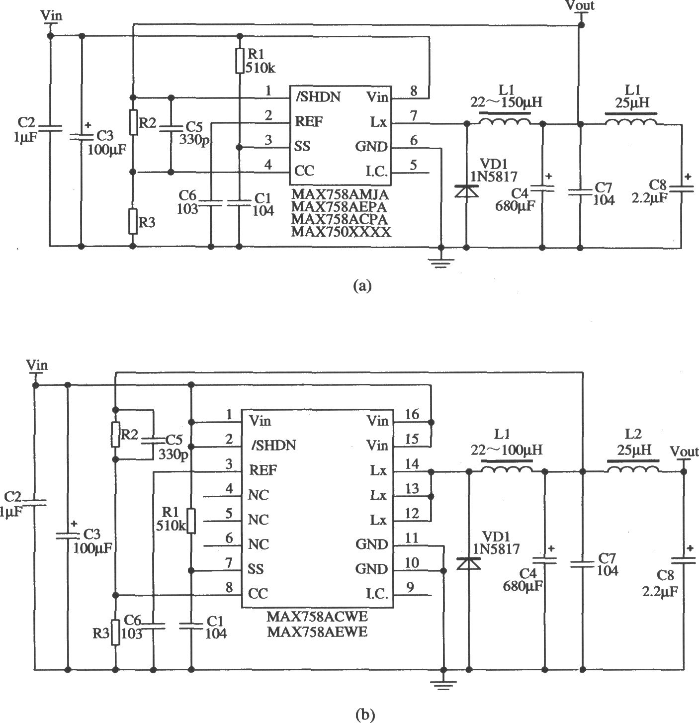 MAX758A构成的输出低噪声的稳压器应用电路