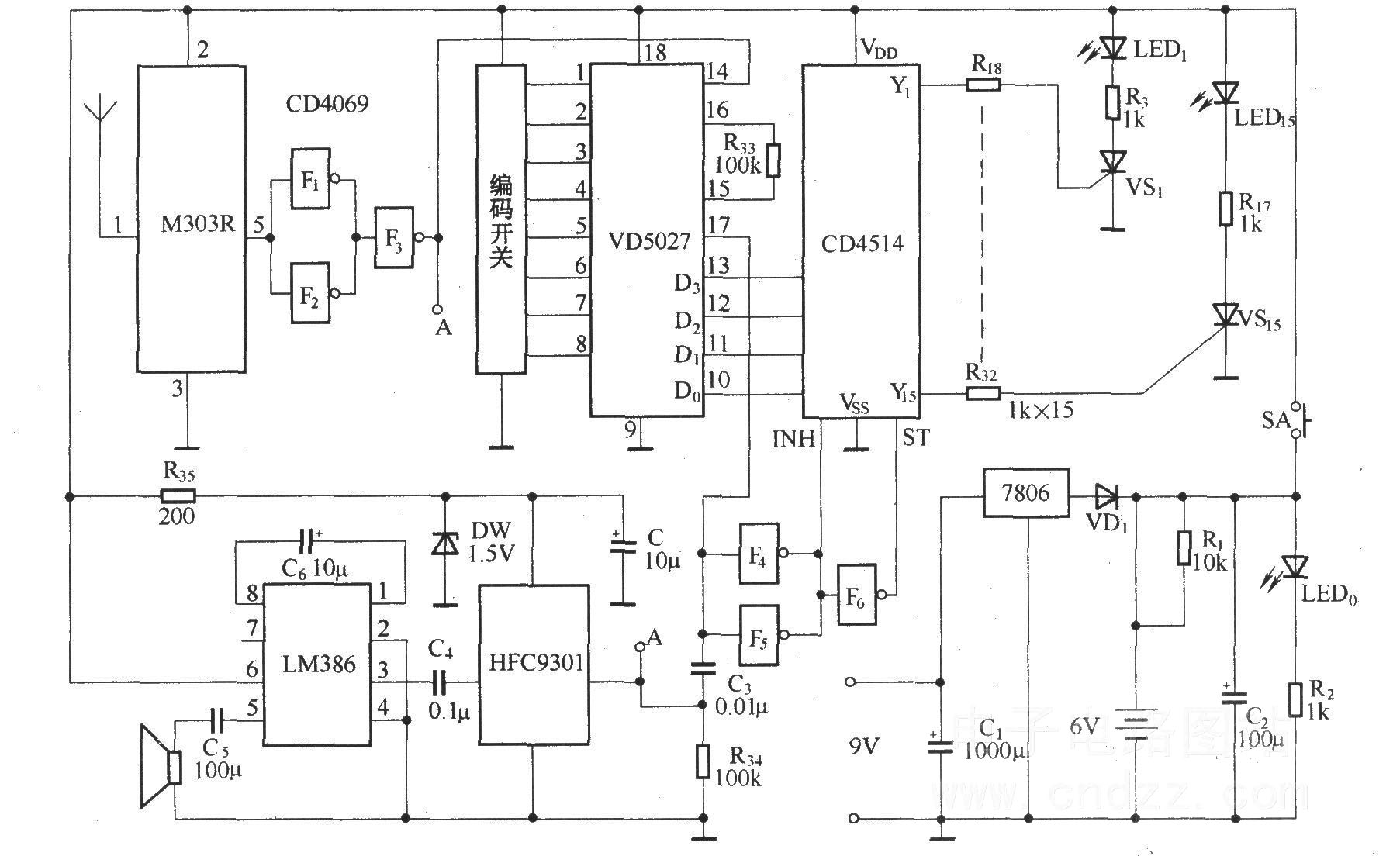 病房無線呼叫發(fā)射與接收顯示電路(M303S/M303R)