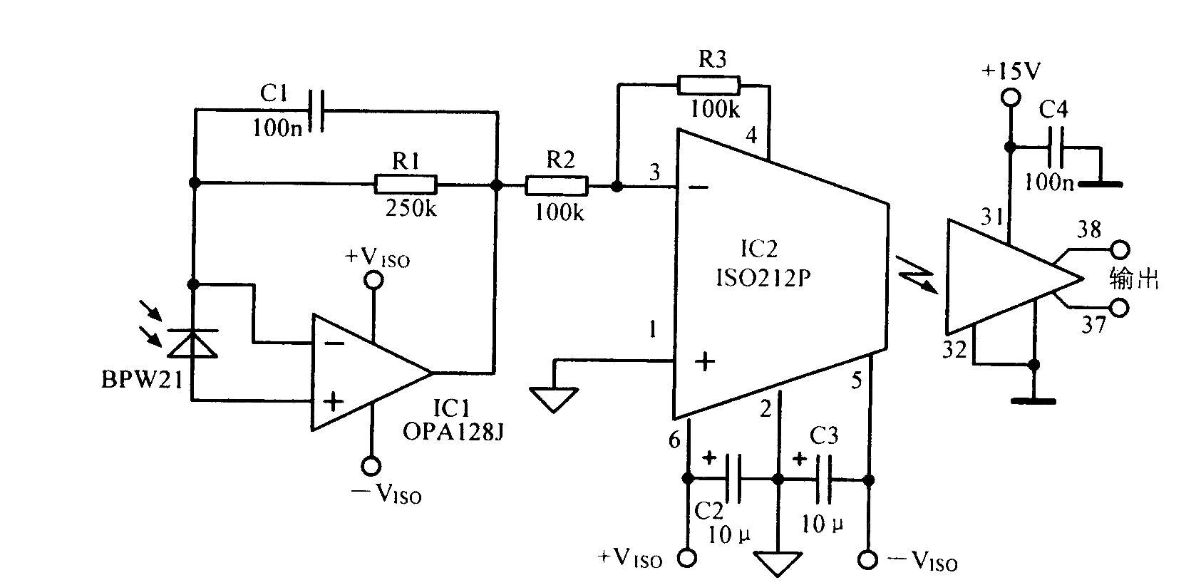 使用光电二极管隔离的放大电路