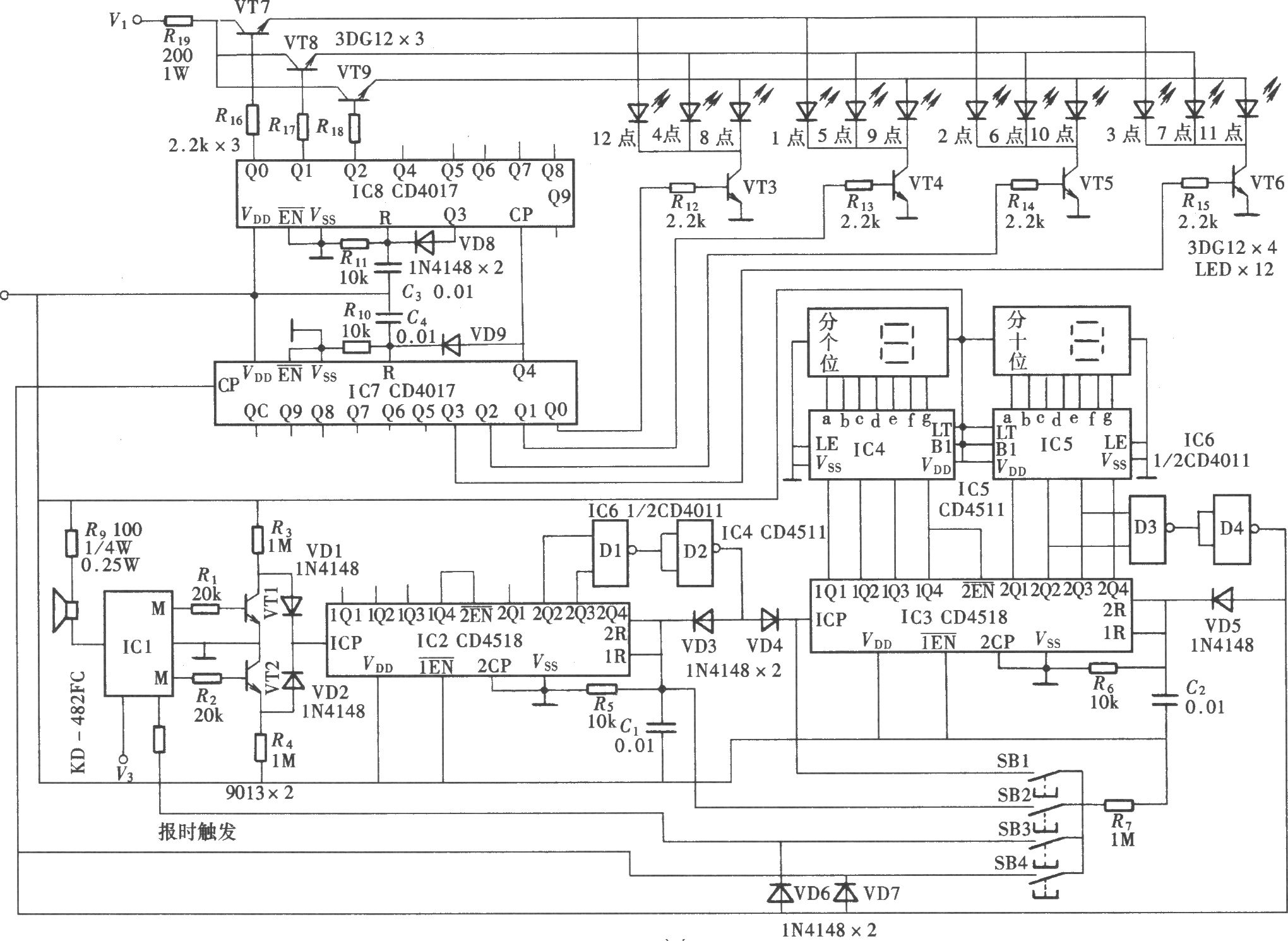 數(shù)字式電子鐘電路(CD4017、CD4518、CD4511)