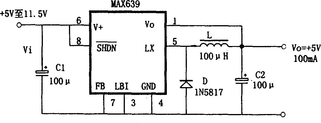 由MAX639構(gòu)成的 5V固定輸出的降壓式變換電源