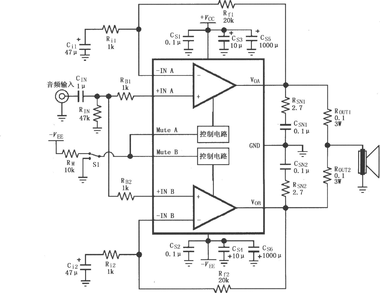 LM4780用于并聯(lián)輸出音頻功率放大器