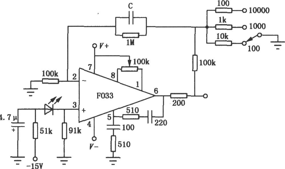 F033組成的光敏信號放大電路