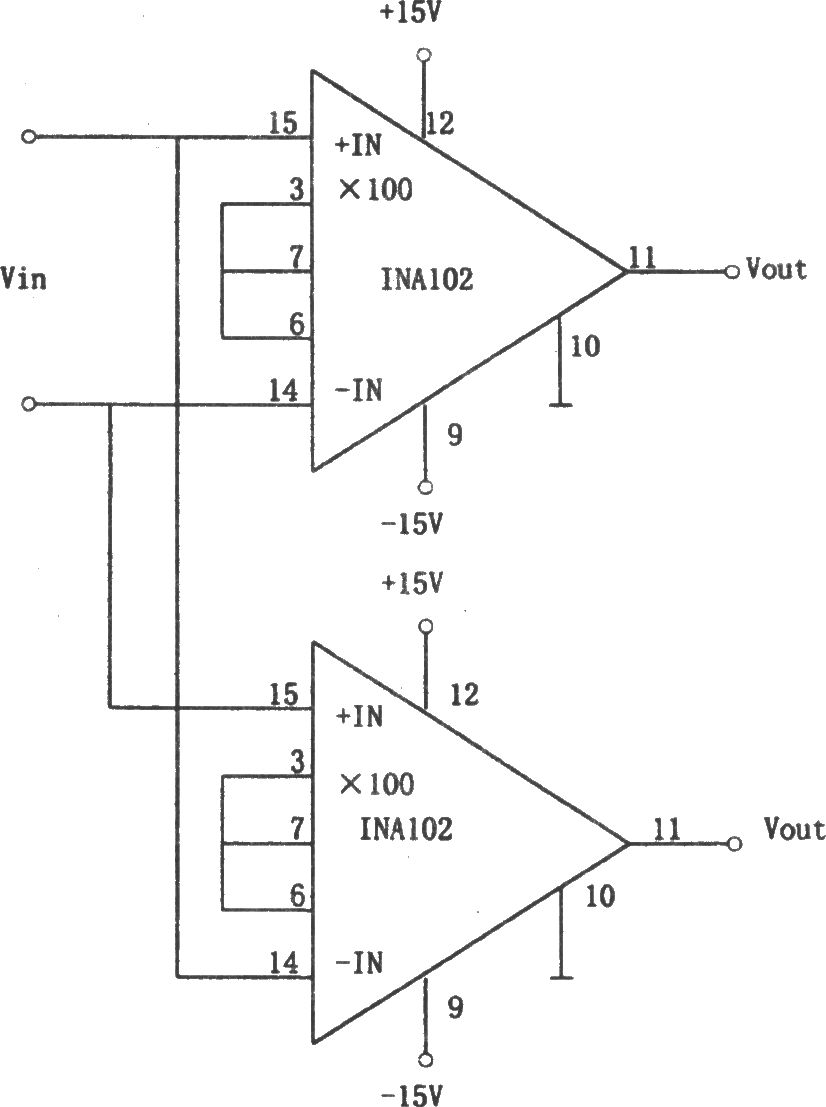 INA102構(gòu)成的差動輸入,、差動輸出放大電路