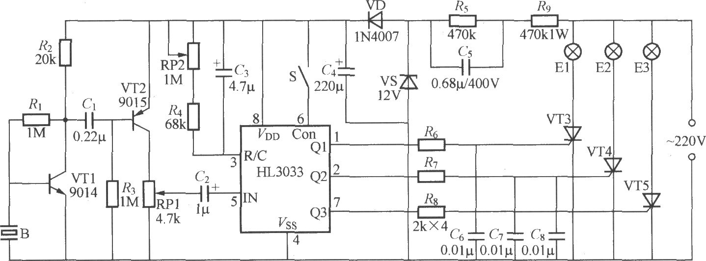 三路卡拉0K燈光渲染器電路(HL3033)