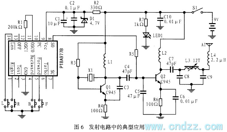 5功能遙控器PT8A977/978的應(yīng)用電路