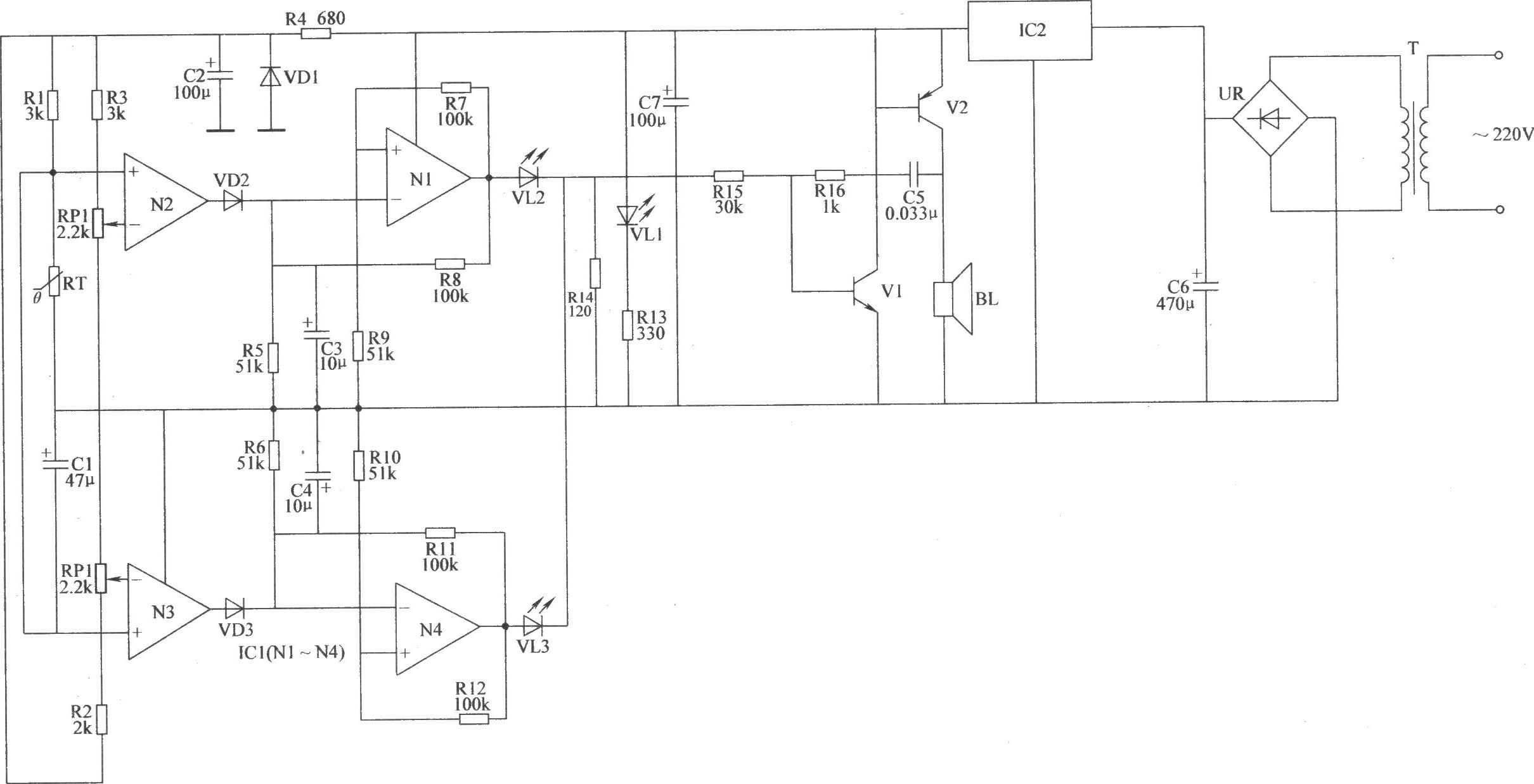 雙限溫度報警器電路(二)