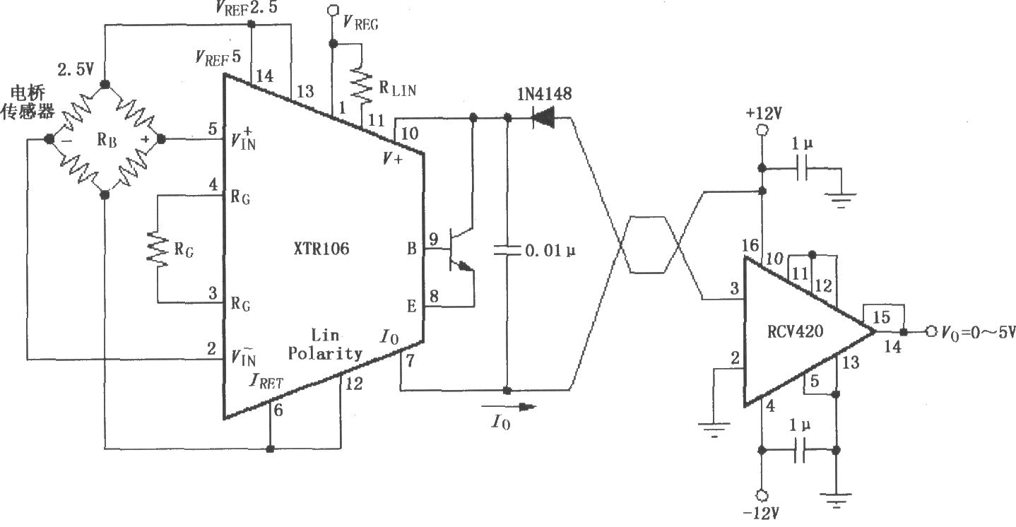 XTR106和RCV420構(gòu)成的±12V供電的發(fā)送／接收環(huán)電路