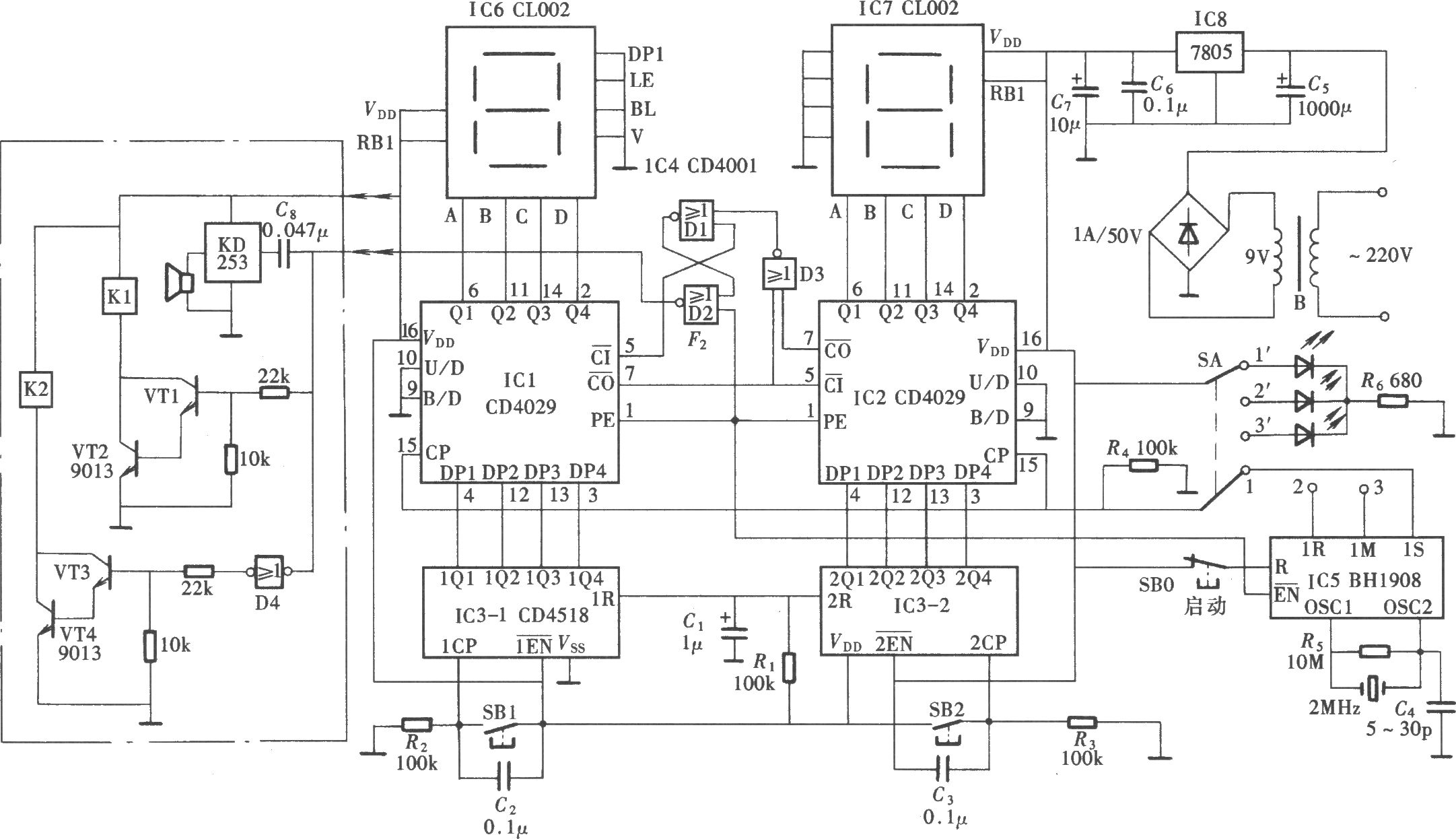 可预置定时的倒计时定时器(CD4029、CD4518、BH1908)