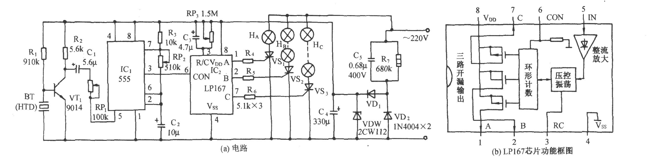 LPl67音頻壓控家庭卡拉0K燈光煊染器電路