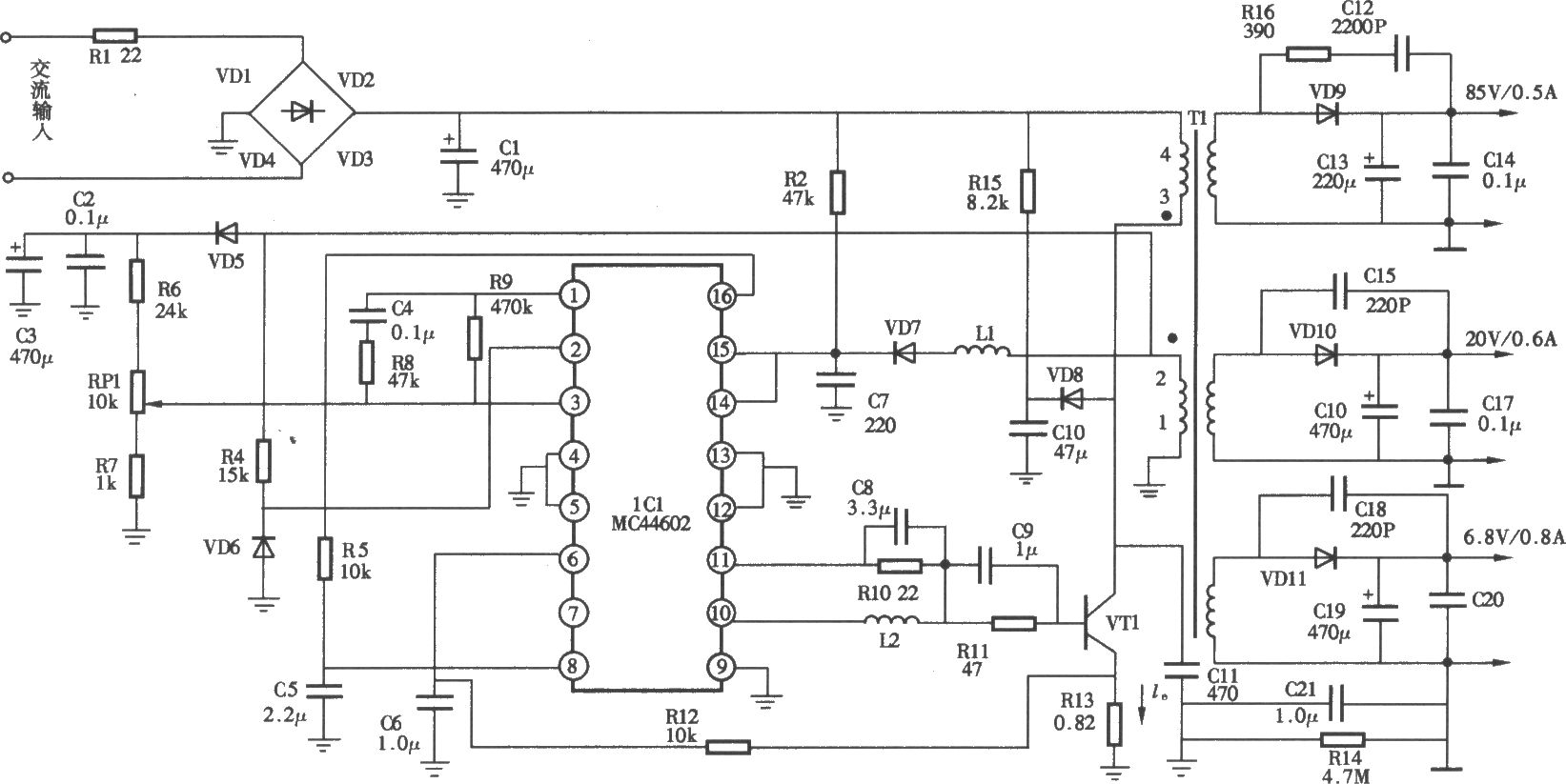 MCl401型彩顯開關(guān)電源(MC44602)電路