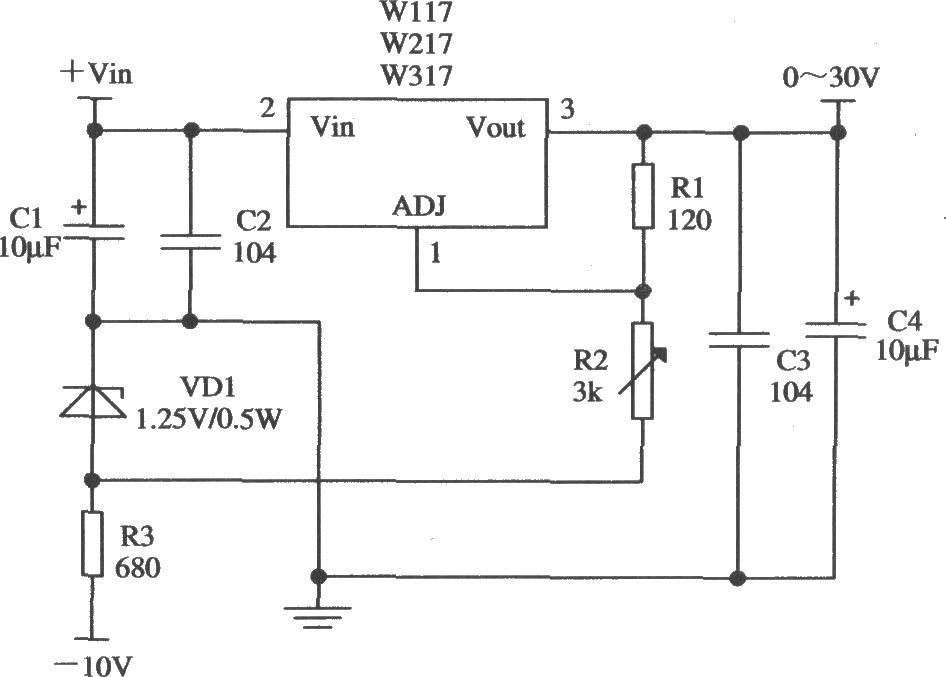 由Wll7／W217／W317構(gòu)成的輸出電壓0～30V連續(xù)可調(diào)的應(yīng)用電路