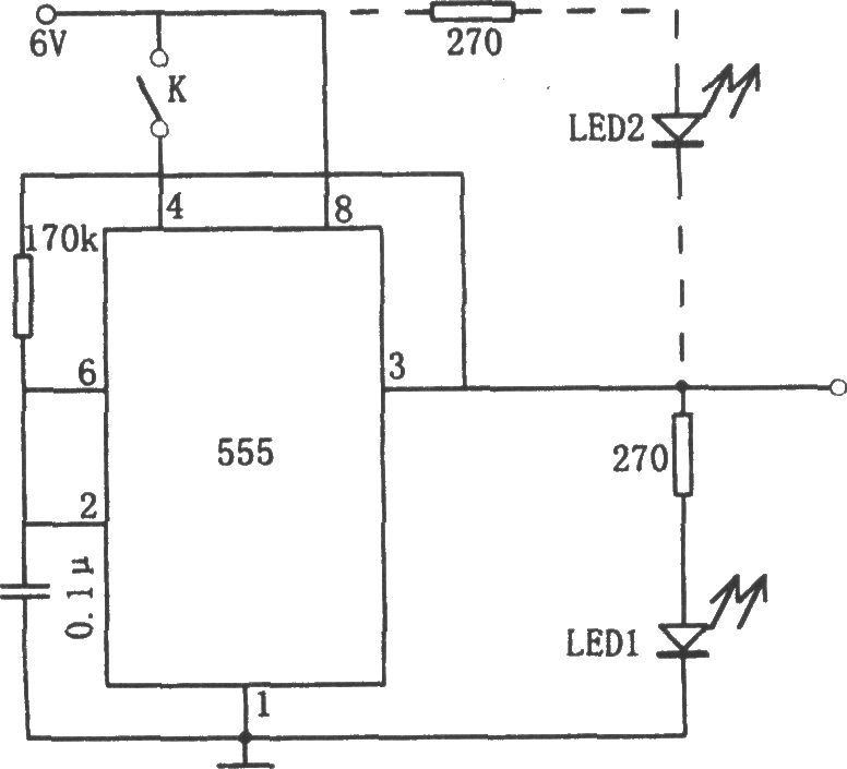 555構(gòu)成的發(fā)光報警器