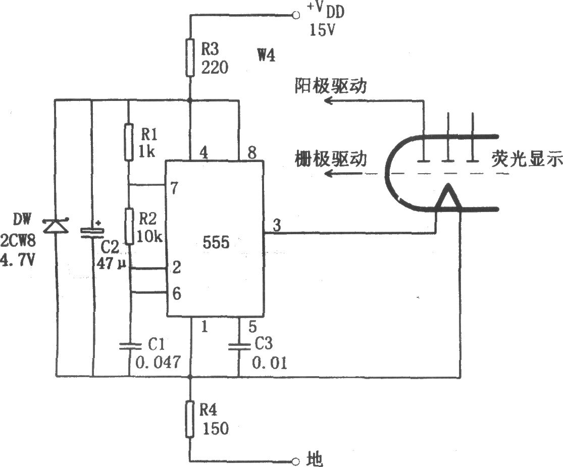 555構(gòu)成的經(jīng)濟(jì)型熒光顯示電路