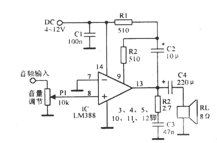 增益为20且负载接地的LM388