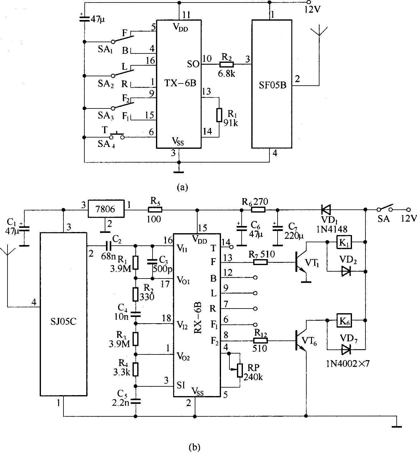 塔吊無(wú)線(xiàn)遙控電路(SF05B/SJ05C)