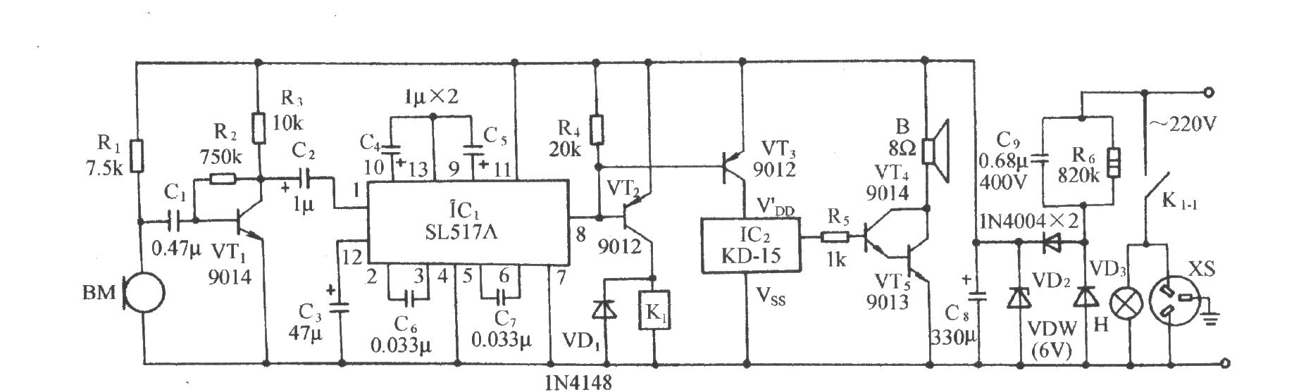 用SL517A的聲控音樂插座電路