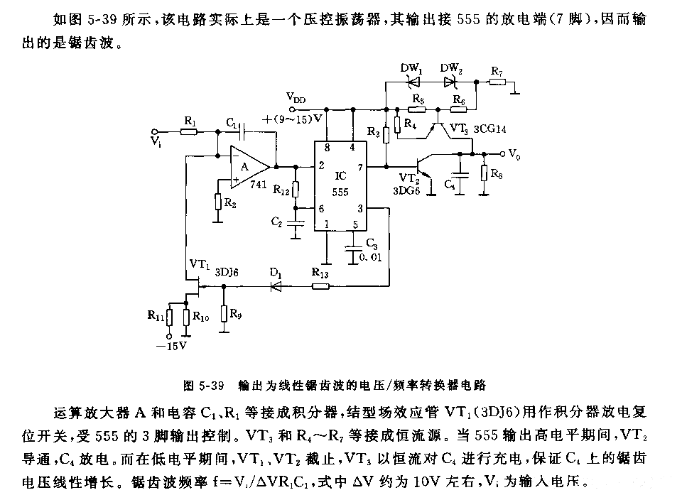 555输出为线性锯齿波的电压／频率转换器电路