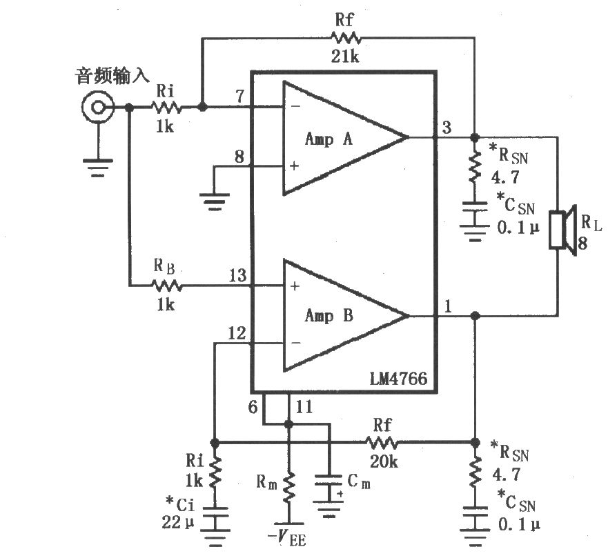 由LM4766構(gòu)成的電橋輸出音頻功率放大電路