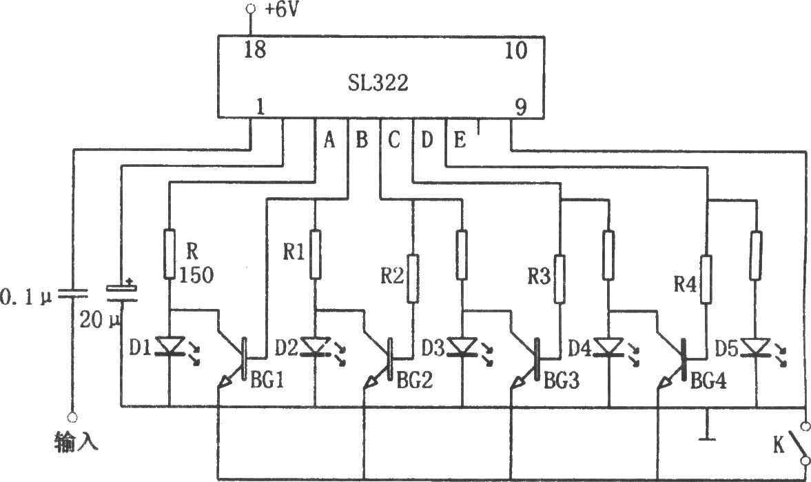 SL322構(gòu)成的可伸縮、光點(diǎn)顯示的電平指示器