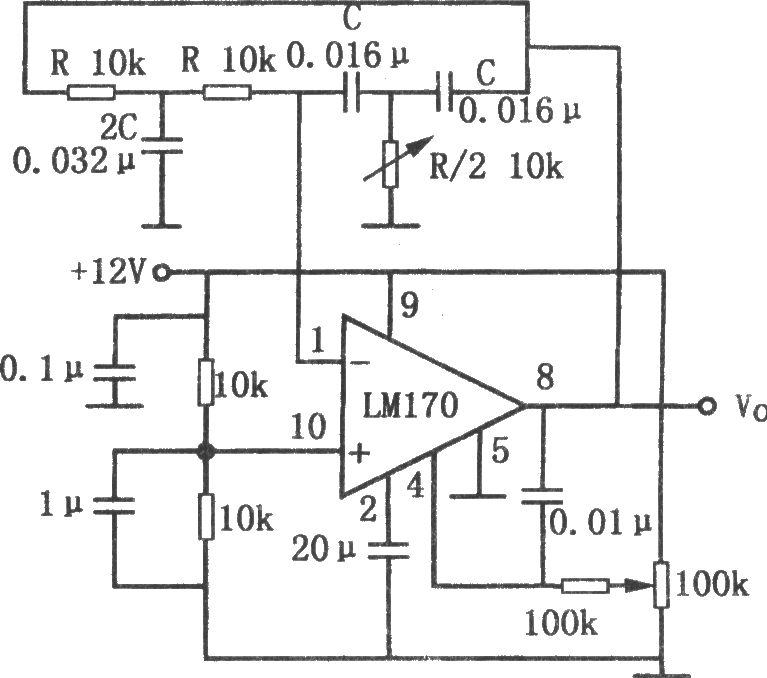 LM170構(gòu)成的輸出穩(wěn)定的雙T正弦波振蕩器