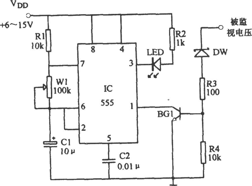 555構(gòu)成的過壓指示電路