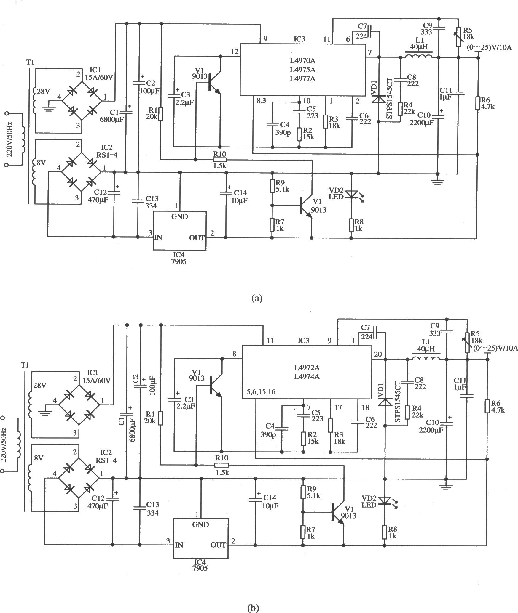 L4970A构成(0～25)V／10 A稳压器的应用电路