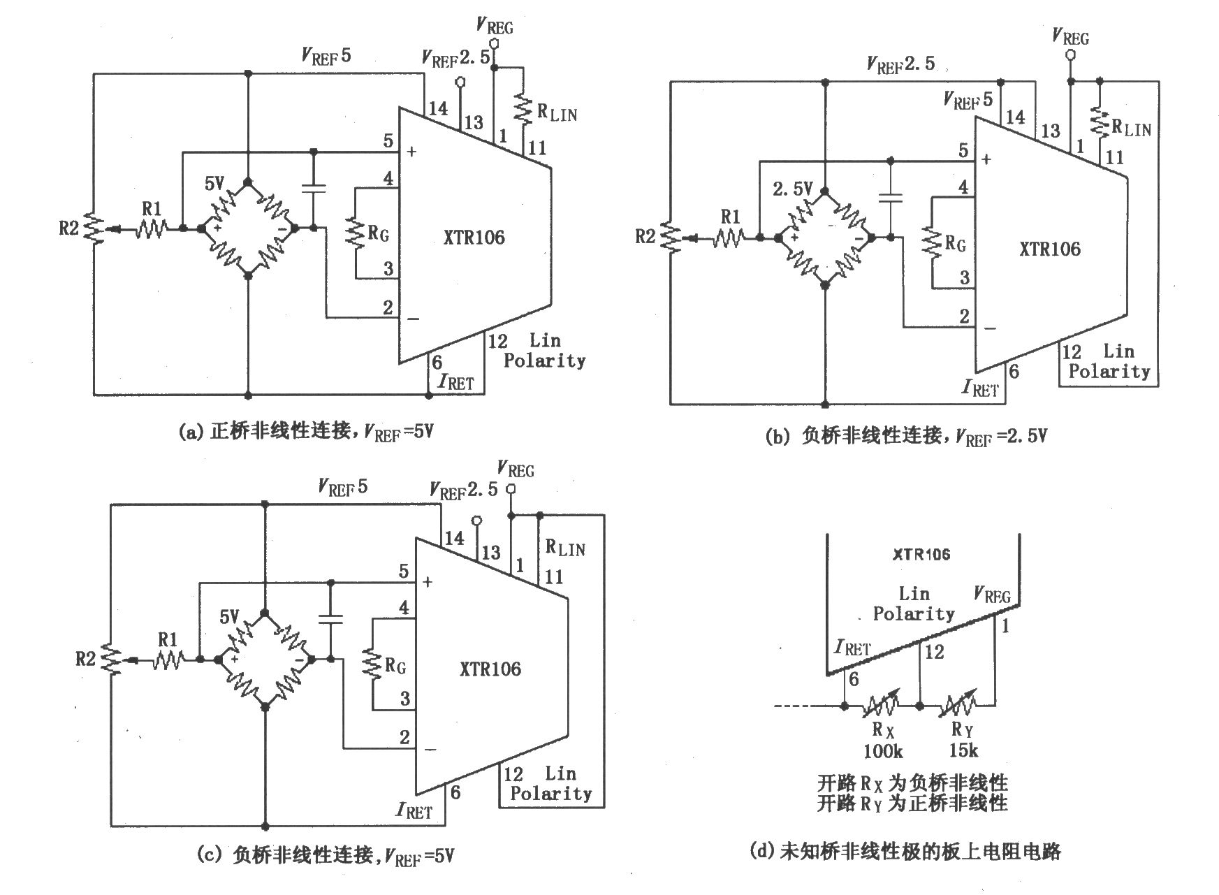 XTR106校正正(或負(fù))電橋非線性的連接電路