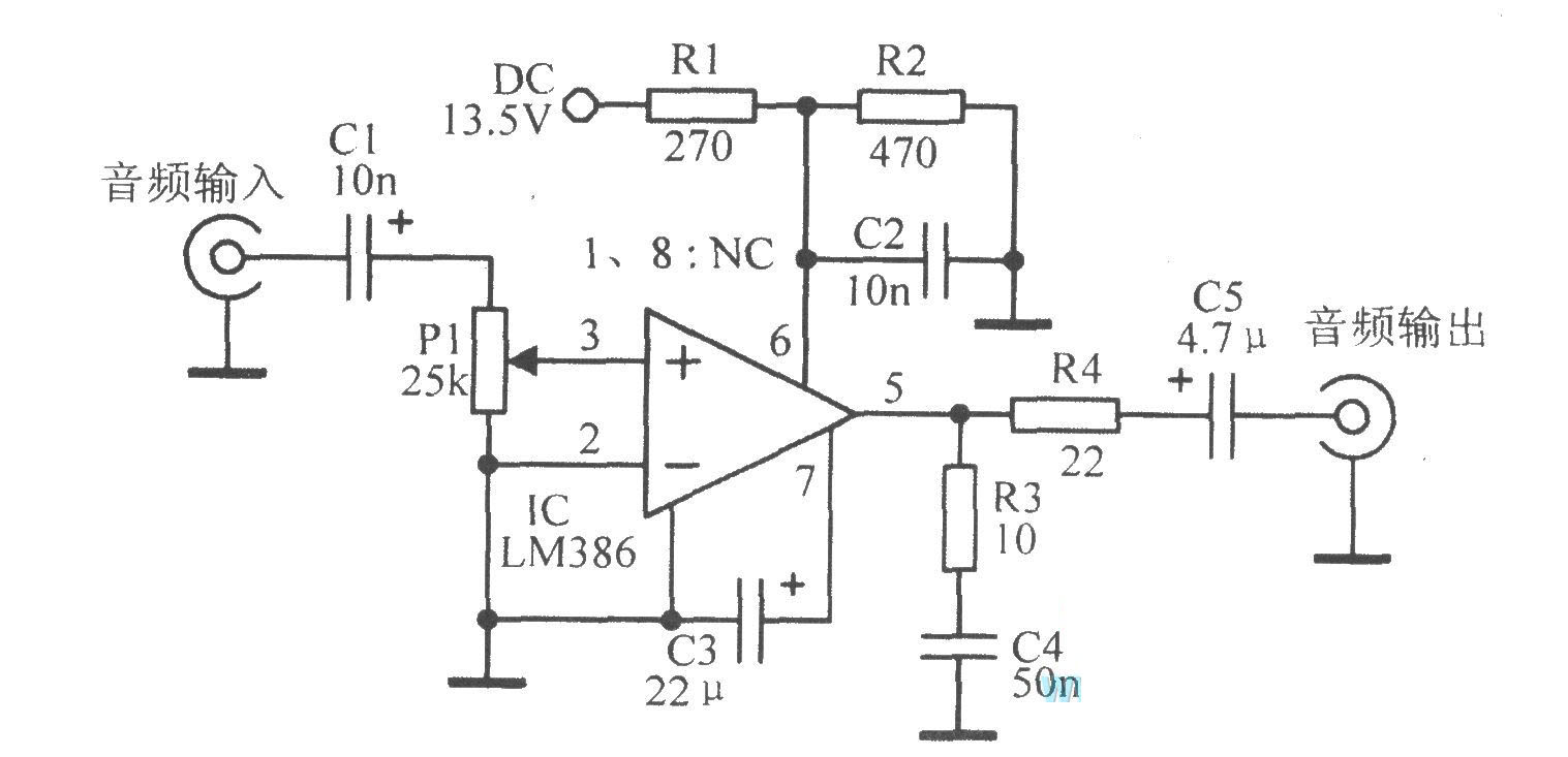 由LM386組成的20增益放大電路