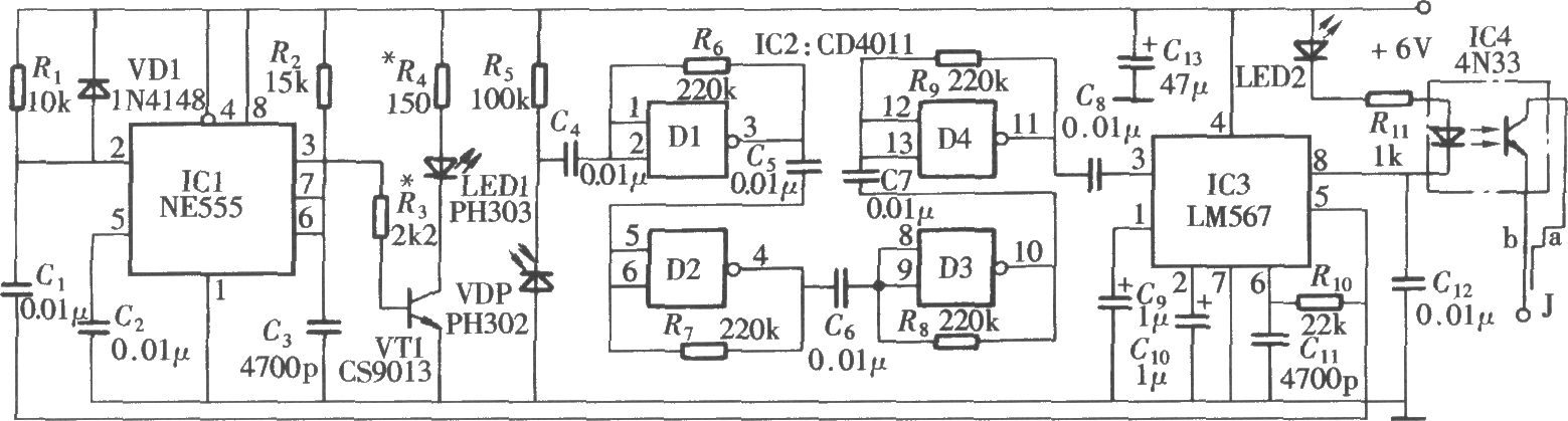 由NE555,、LM567組成的紅外反射式自動(dòng)報(bào)時(shí)鐘電路