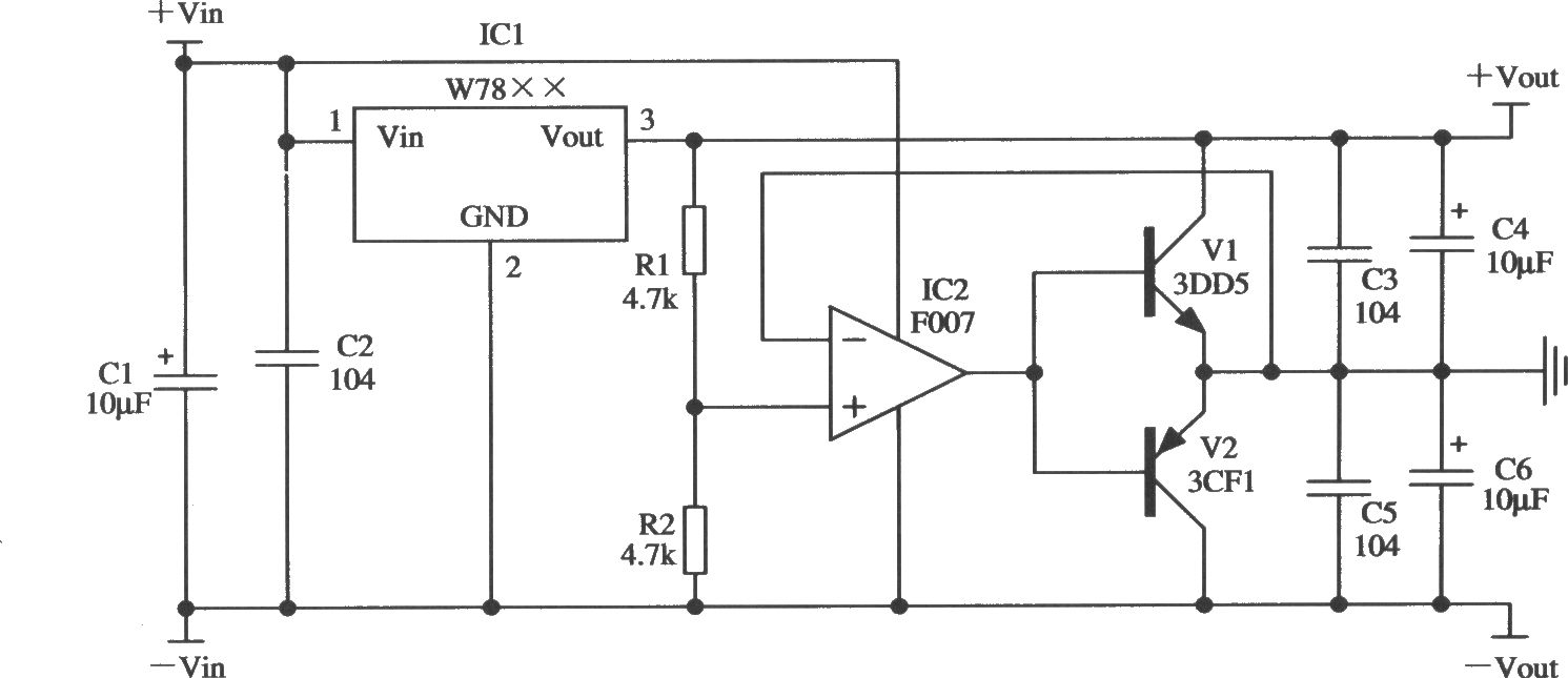 由W78××構(gòu)成的正、負(fù)雙電源輸出的應(yīng)用電路