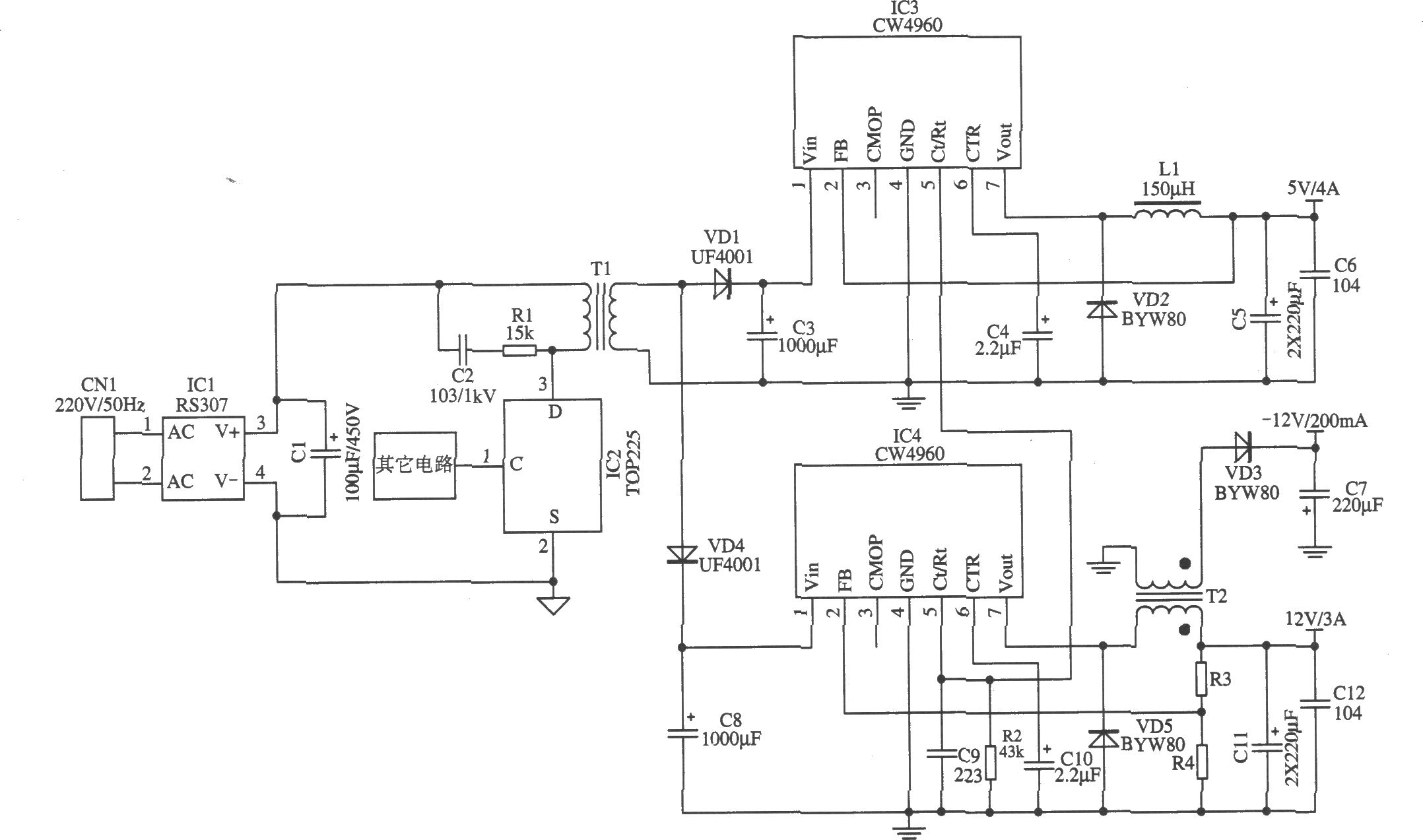 CW4960组成的开关电源降压后作为前级输入电源