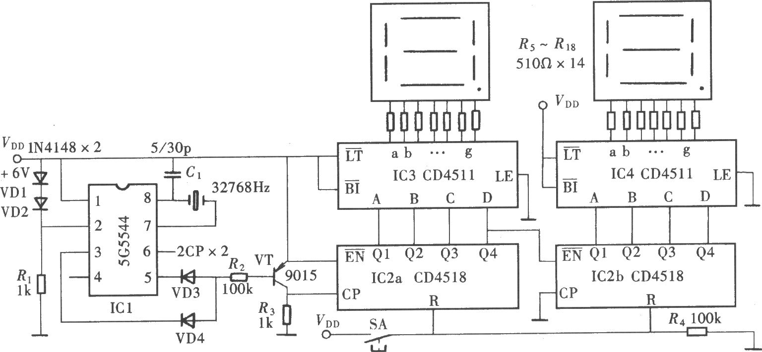 两位数显秒计时器(5G5544、CD4511、CD4518)