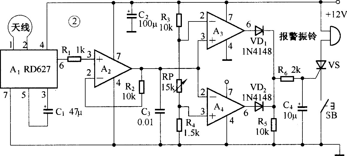 利用RD627構(gòu)成的微波報警電路