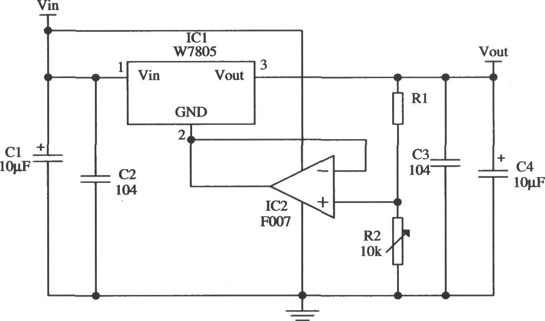 由W7805构成的输出电压连续可调的应用电路